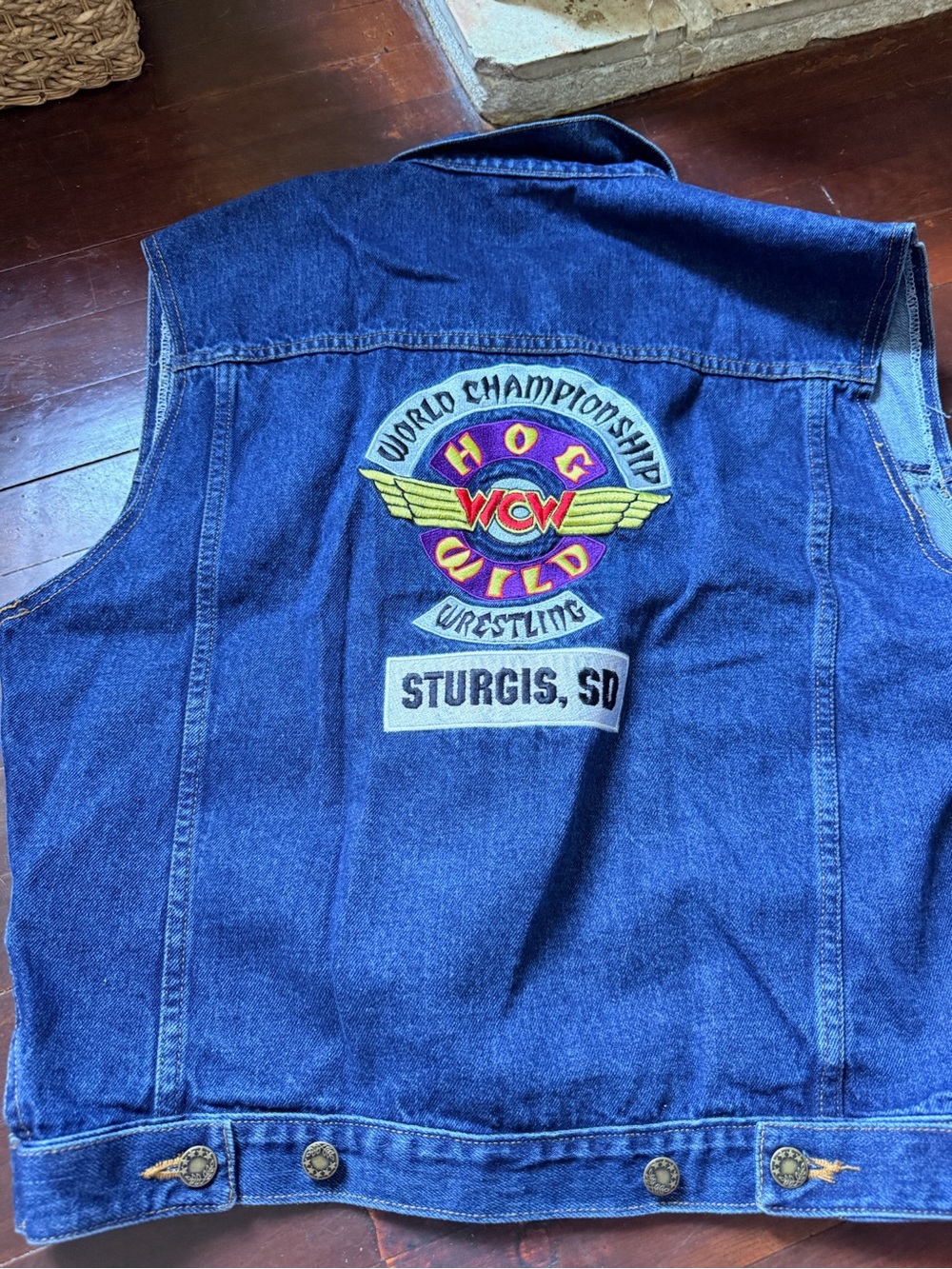Vintage 90s WCW Wrestling Embroidered Denim Vest Sturgis Show